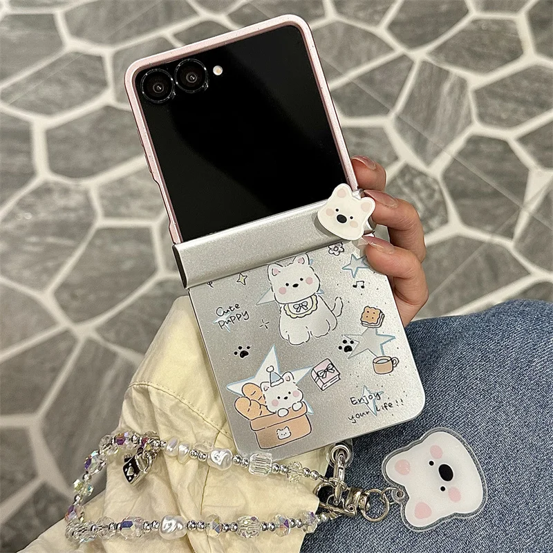 Фото Магнитный чехол для телефона Kawaii с рисунком щенка для Samsung Galaxy Z Flip 7, 6, 5, 4, чехол с цепочкой-подставкой, кавайные шарнирные чехлы Flip7 Funda №3