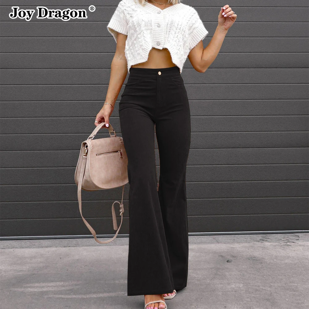 

2022 Autumn Winter Temperament Women Pants High Waist Slim Fit Casual Flare Pants Black Solid Color Simplee Female Corduroy