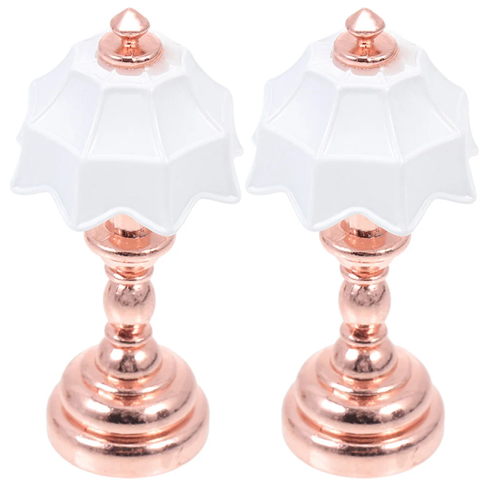 

2 Pcs Bedside Table Lamp Small Floor Decor Scene Tiny Furniture Accessories House Lamps Mini Light Iron Model Night