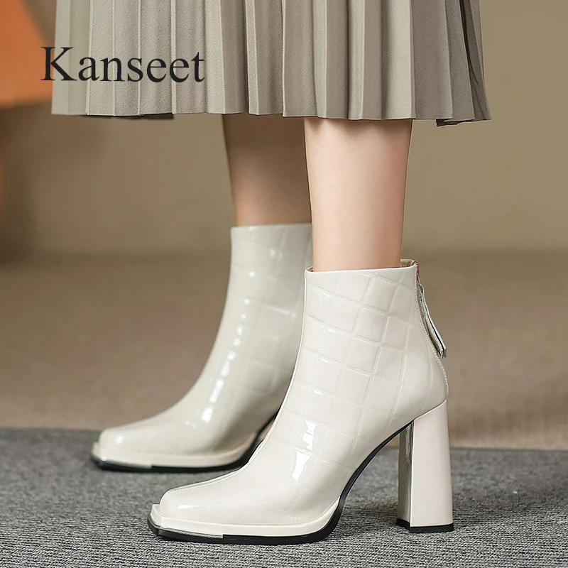 

Женские ботильоны Kanseet из лакированной натуральной кожи, Новые короткие сапоги, элегантная обувь на молнии с очень высоким каблуком 9,5 см, черные, 40