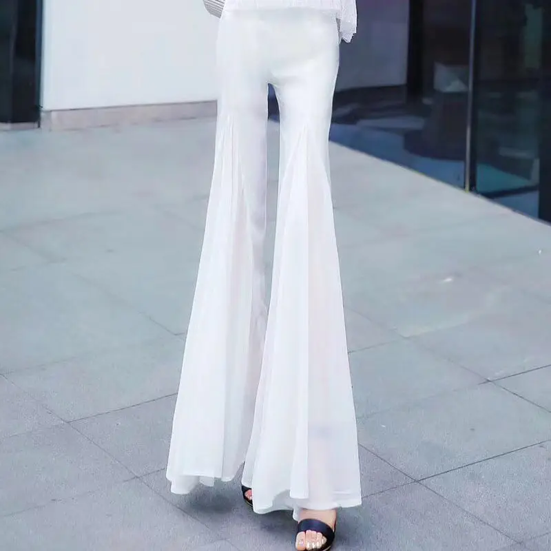 

2022 Summer Women's New High Waist Thin Long Pants Female Loose Flared Trousers Ladies Solid Color Casual Chiffon Pants F37