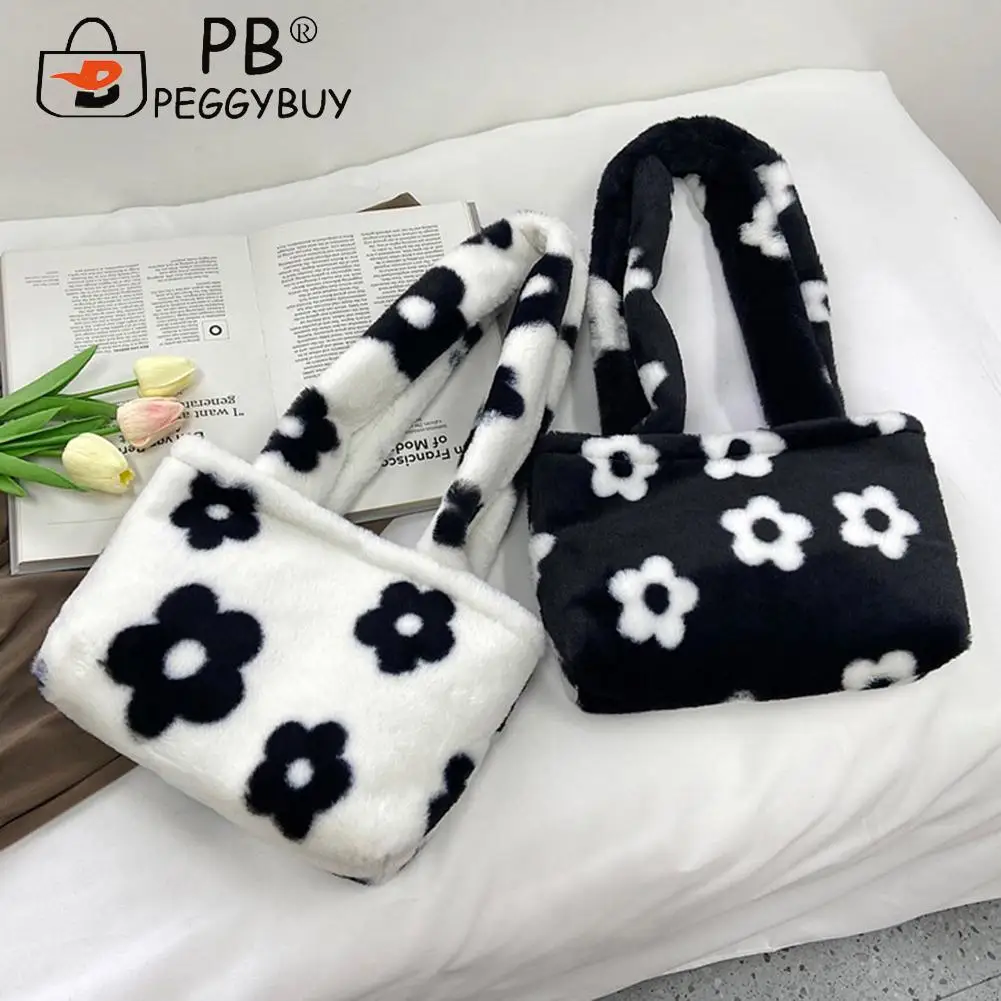 

Portable Autumn Winter Women Soft Plush Shoulder Underarm Bag Fashion Flower Pattern Large Capacity Shopping Handbags