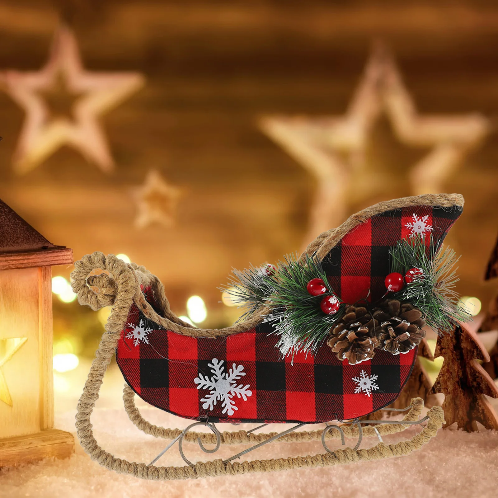 

Christmas Sleigh Decoration Santa Claus Sleigh Red Buffalo Plaid Table Centerpiece Holiday Decor Xmas Sled Ornament