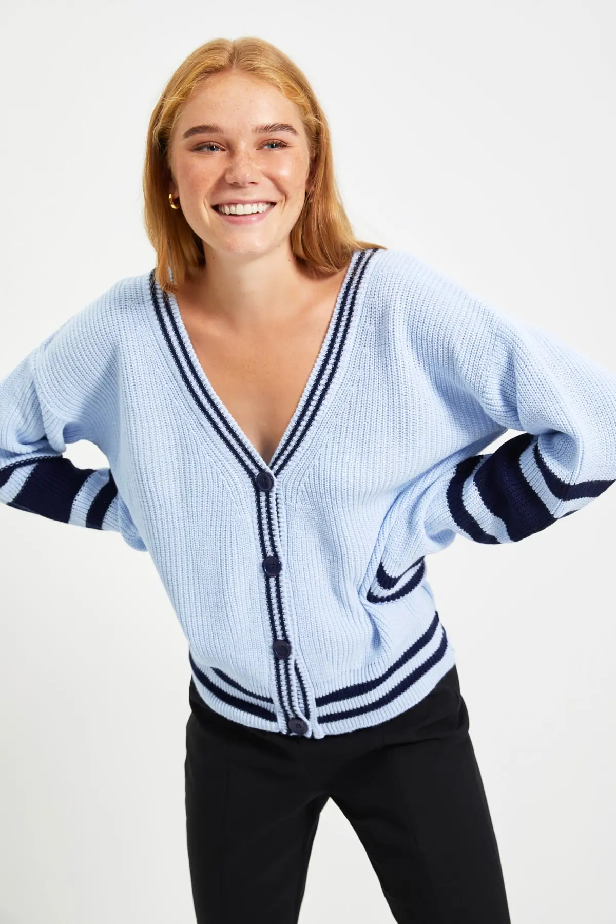 

Light Blue Color Block Knitwear Cardigan Christmas gift
