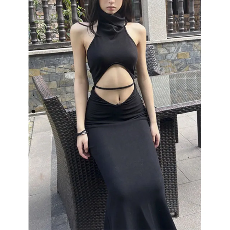 

Women Sexy Dress Elegant Lady Sleeveless Mock Neck Side High Cutout Night Club Dresses