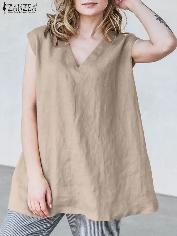 

Oversized Women Summer Blouses ZANZEA 2022 Fashion V Neck Tops Casual Sleeveless Solid Blusas Female Cotton Tunic Chemise
