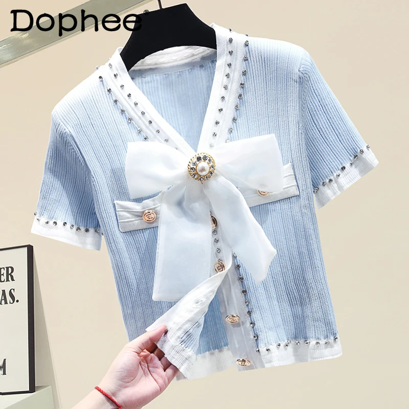 

Cute Bow Beaded Ice Silk Knitted T-shirt Women Summer Thin Loose Short Sleeve V-neck Cardigan Outerwear Femme Top Tshirt Clothes