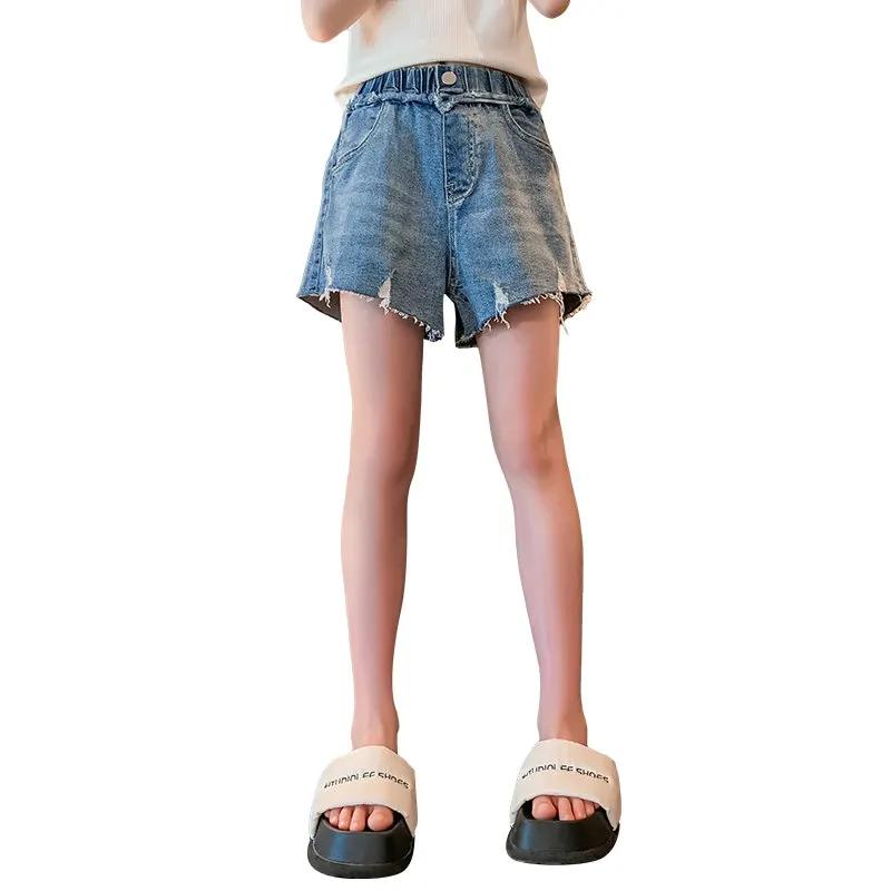 

Vintage Kids Girl Blue Denim Shorts New Summer Teens Ripped Jean Shorts with Pockets for Girls Children Clothing 2023 Hot Sale