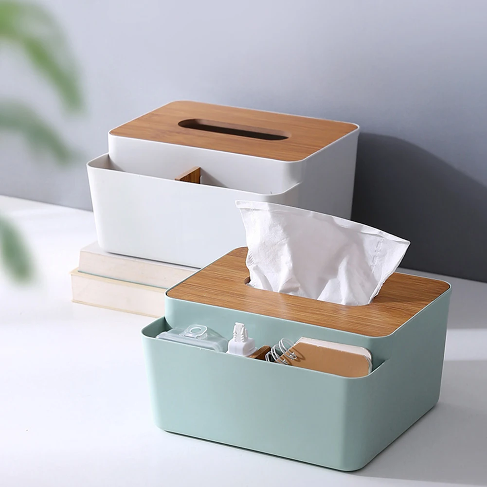 

Tissue Boxes With Wooden Lid Multifunctional Desktop Plastic Storage Box Napkin Holder Home Office Remote Control Storage Case