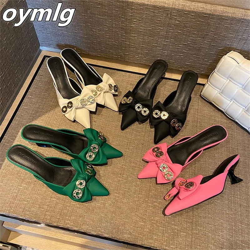 

High-heeled Baotou half-slippers women's 2022 summer new fairy bow net red fashion shallow mouth short-heeled pointed sandals