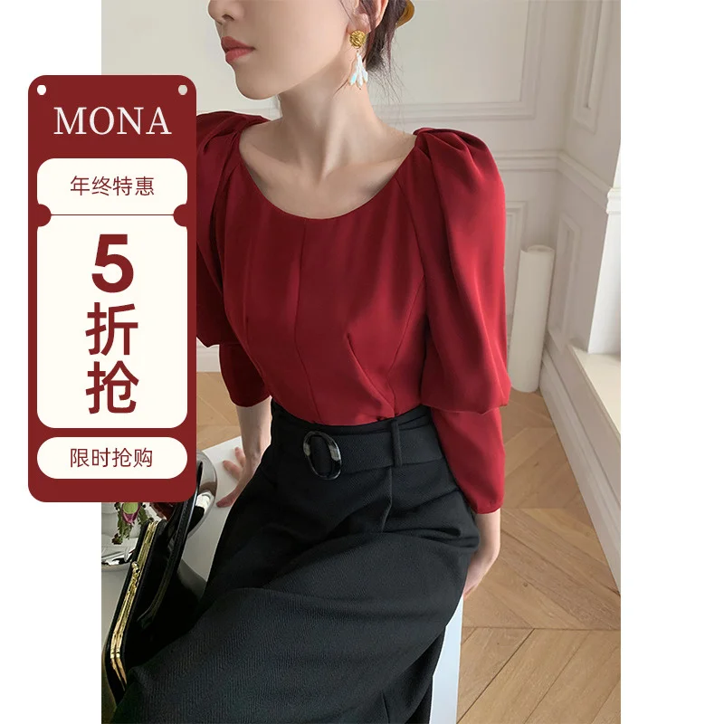 

Mona round-neck slim shoulder pleated leg sleeves with long sleeves sexy temperament top red blouse female