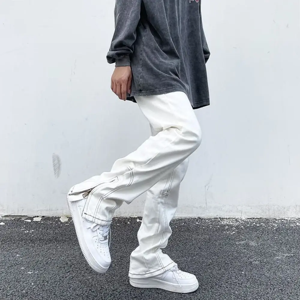 Men Jeans Hip Hop White Pants Loose Side Zipper Casual Loose Jeans Men Pants Denim Streetwear Wide Leg  Vintage
