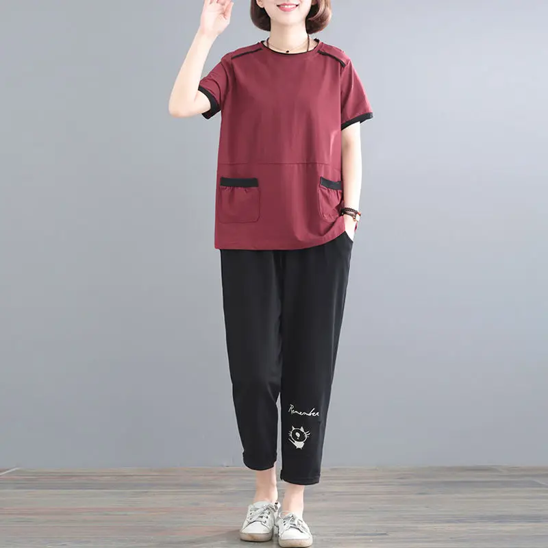 

Two Piece Sets Middle-aged Tracksuits Women 2023 Summer Casual Short Sleeve T-shirt Top and Pants Suits Womens Outfits X120