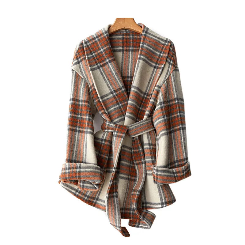 

New high-end double-sided cashmere plaid Korean version bathrobe mid-length overcoat for Autumn/Winter 2022