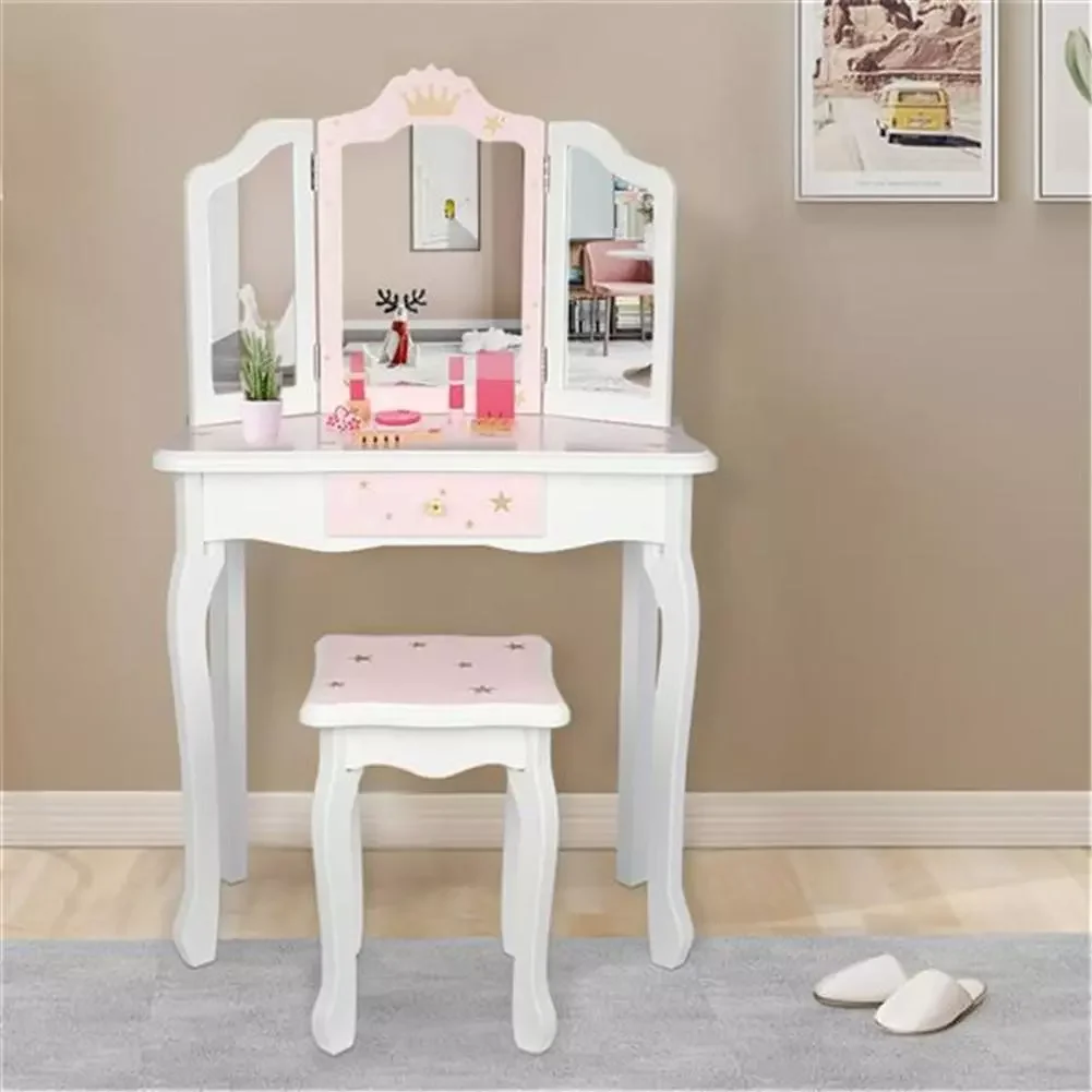 

Mdf Wooden Children Dressing Table Set With Three-sided Folding Mirror Single Drawer Chair