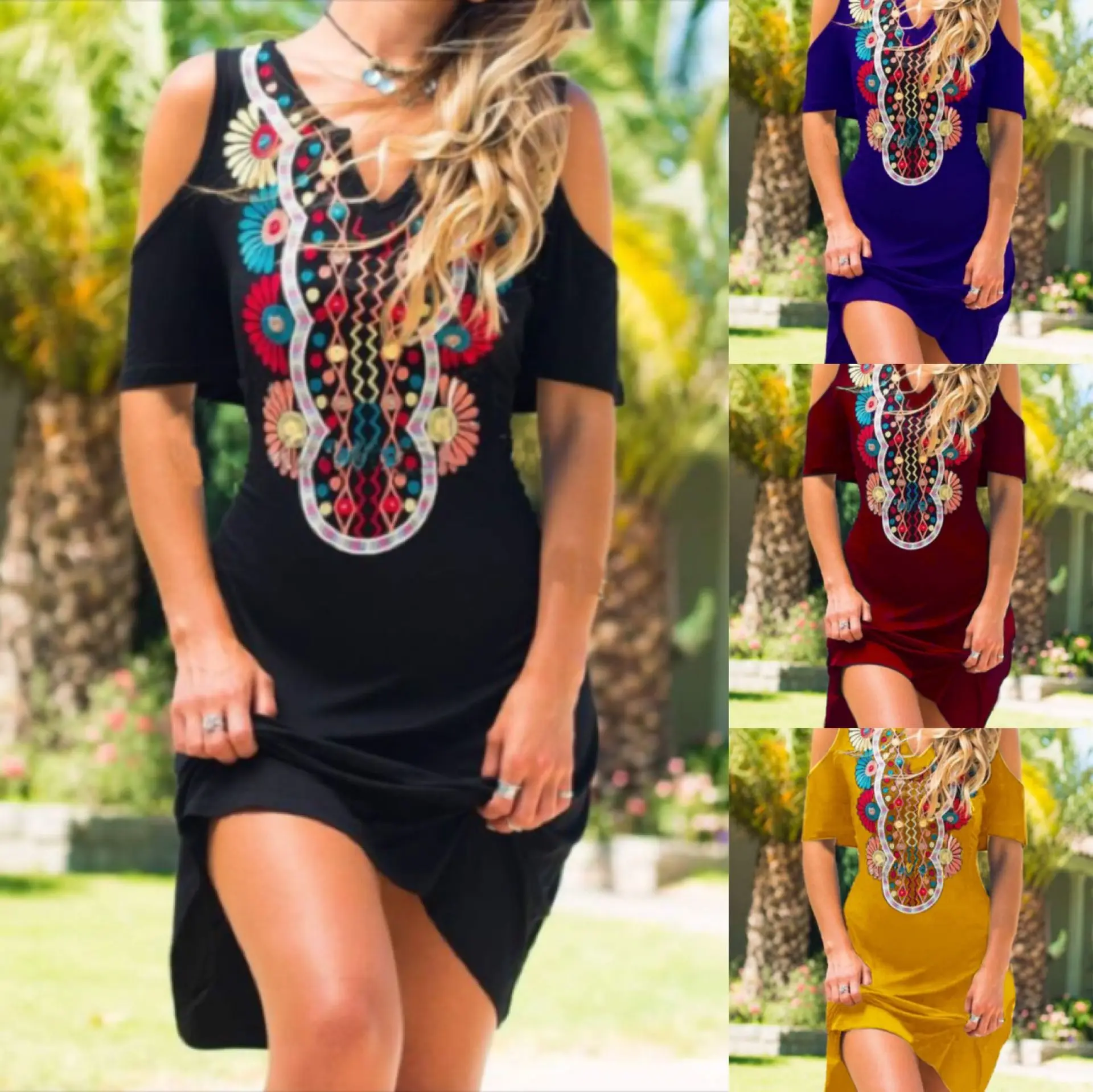 

Women 2022 Loose Boho Vintage Summer Elegant Befree Sexy Hole Dress Large Big Party Printed Floral Dresses