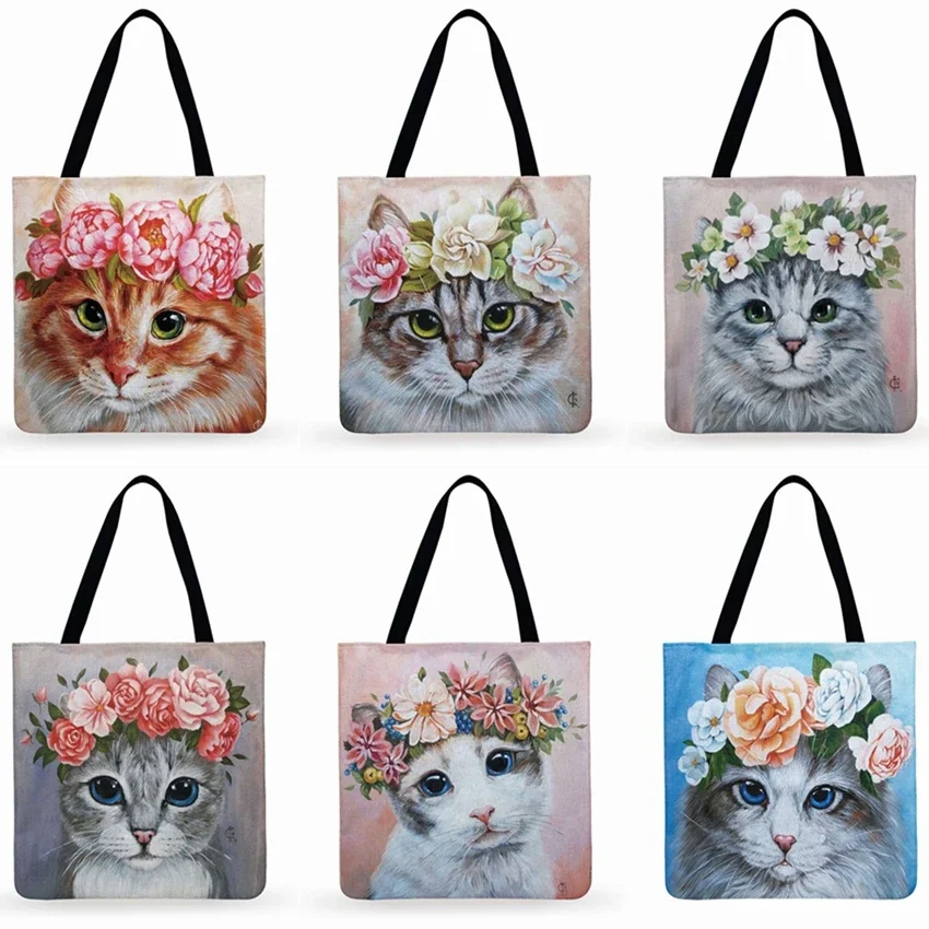 

Reusable Shopping Bag Cat In Flower Printed Tote Bag Ladies Shoulder Bag Linen Fabric Bag Outdoor Beach Bag Daily Hand Bag