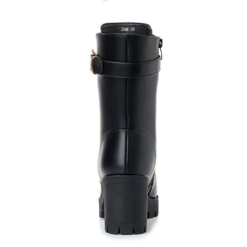 Women Mid-calf Leather Snow Boots Side Zip Boots Modern Female Motorcycle Shoes Plush Lining Winter Warm Footwear