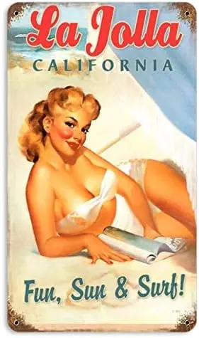 Винтаж La Jolla Pinup - Pin-Up Girl Металлические жестяные знаки 8 x 12 дюймов Плакат для