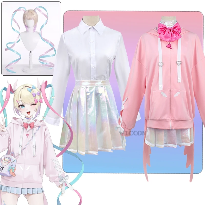 Needy Girl Overdose KAngel Ame Косплей Лазерная юбка Костюм Парик Розовое пальто Стример