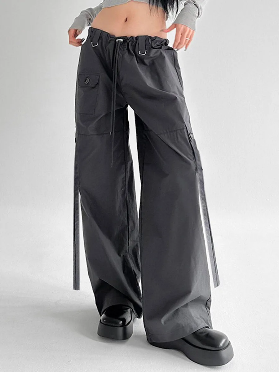 

Aesthetic Cargo Pants for Women Gray Drawstring Low Waist Baggy Trousers with Pockets 2000s Pants Streetwear