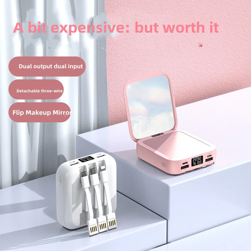 

2022 New Power Bank Wholesale 20000 mAh Self-contained Mirror Mini Detachable Three-Wire Printed LOGO Universal Power Bank Gift