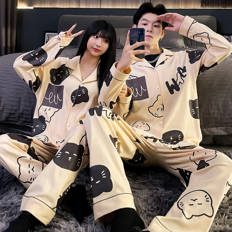 

Couple Pajamas Set For Autumn Winter Long Sleeve Cotton Men Women Turn-down Collar Kawaii Cartoon Cats Doodle Homewear Sleepwear