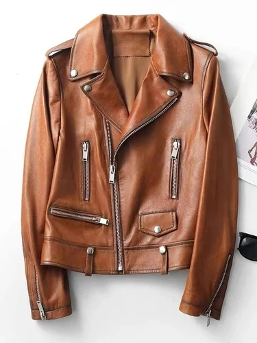 Luxury brand Brown Real Coat Leather s Women's Short Slim Sheepskin Motorcycle Jacket Zm1514