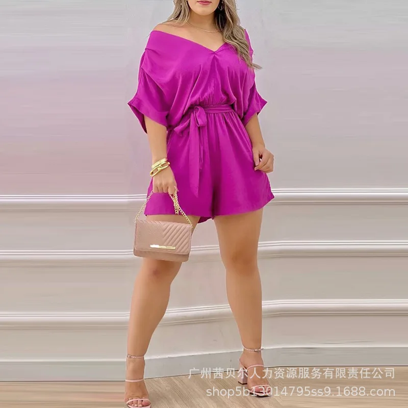 

Women Playsuit Shorts Pants Fashion Casual Sexy V-Neck Ruched Batwing Sleeve Belted Romper Solid Color Summer