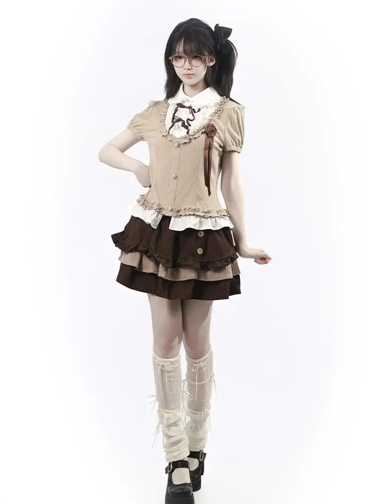Фото Комплект из 2 предметов в стиле Sweet Lolita Kawaii: женская юбка-тортик с пышными рукавами, бантом, высокой талией и оборками, японская повседневная мода №5