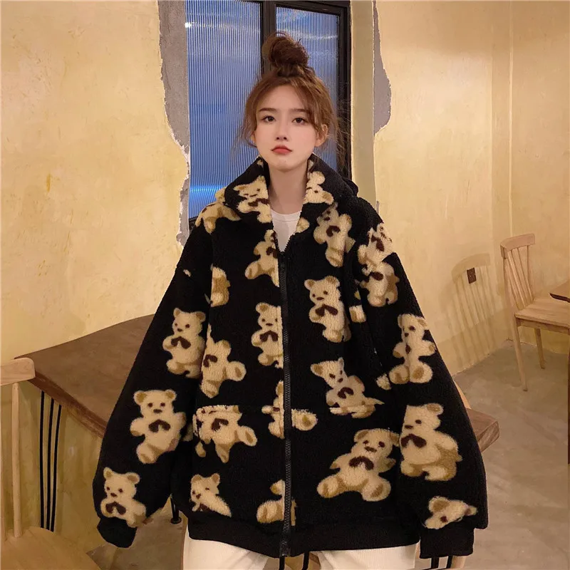 

Women Oversized 2021 Winter Hoodies Zip-up Teddy Coat Harajuku Casual Loose Kawaii Bear Ears Hooded Sweatshirt Cartoon Outwear