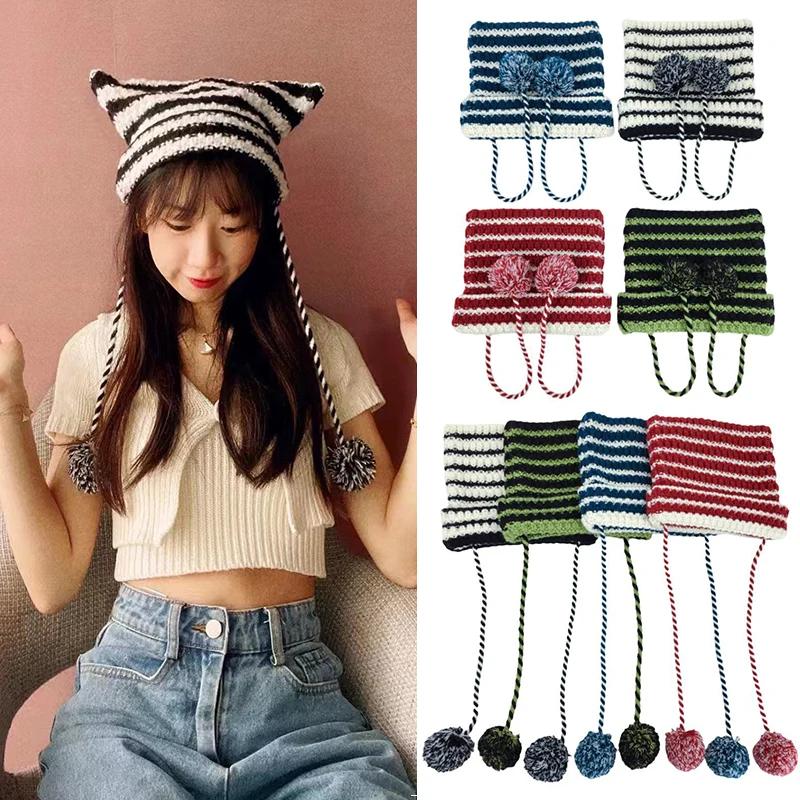 

Beanie Hat Cat Ears Warmer Bonnet Casual Cap Striped Knitted Wool Cap Soft Knit Hat Pointed Pullover Hat Woolen Sweater Hat