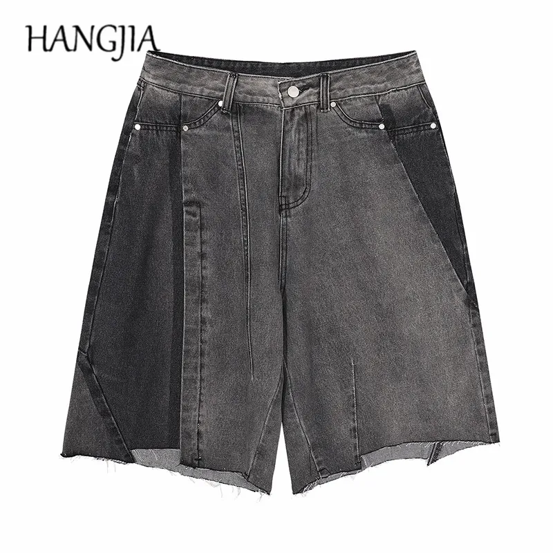 

Retro Distressed Irregular Black and Gray Jeans Shorts Men and Women Hip Hop Summer Colorblock Wide-leg Denim Shorts Oversized