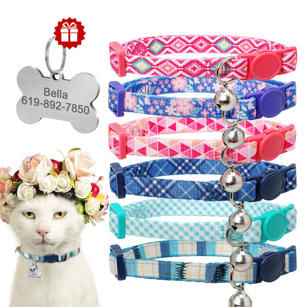

Cute Personalized Cat Collar with Bell Safety Breakaway Custom Kitten Collar Print Cat Collars Quick Release for Cat Kitty Puppy
