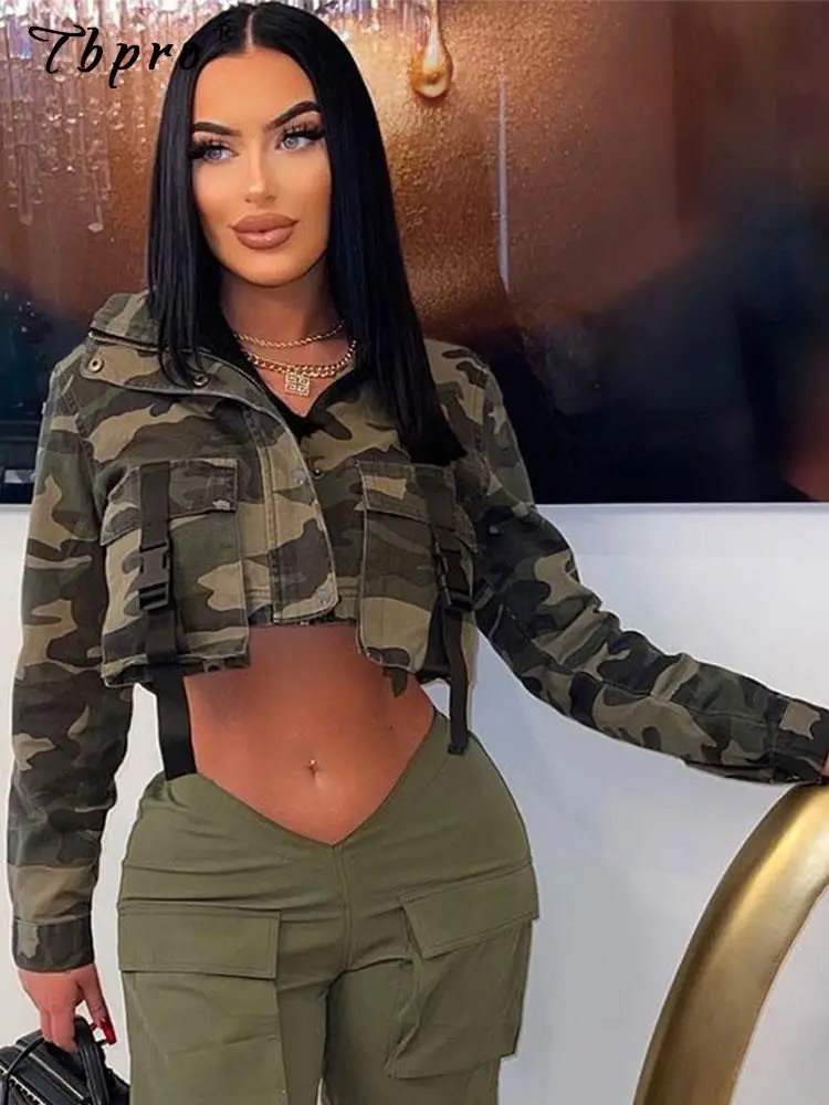 

Fashion Camouflage Printing Cropped Coat Woman Elegant Long Sleeve Pocket Short Jacket Autumn High Street Lapel Zipper Outerwear