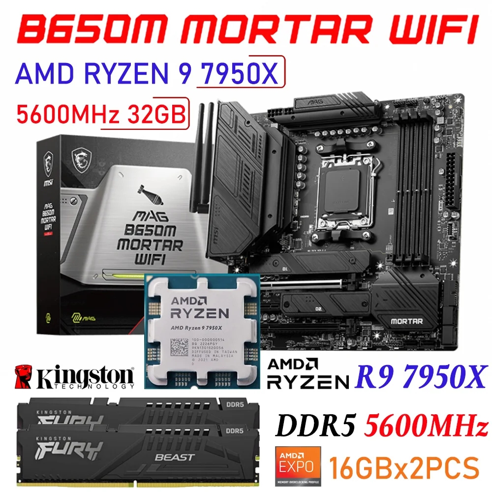 

AM5 Motherboard Combo DDR5 MSI MAG B650M MORTAR WIFI AMD B650 Mainboard + AMD R9 7950X AM5 CPU Ryzen Kit + Fury DDR5 32GB RAM