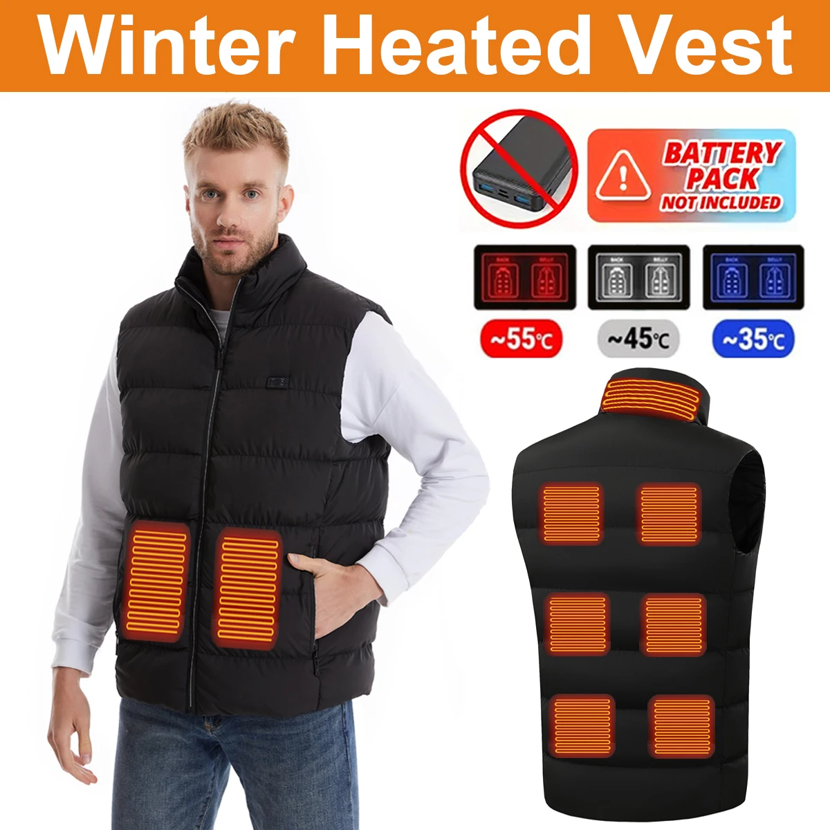 Мужской жилет с подогревом и 9 грелками из углеродного волокна