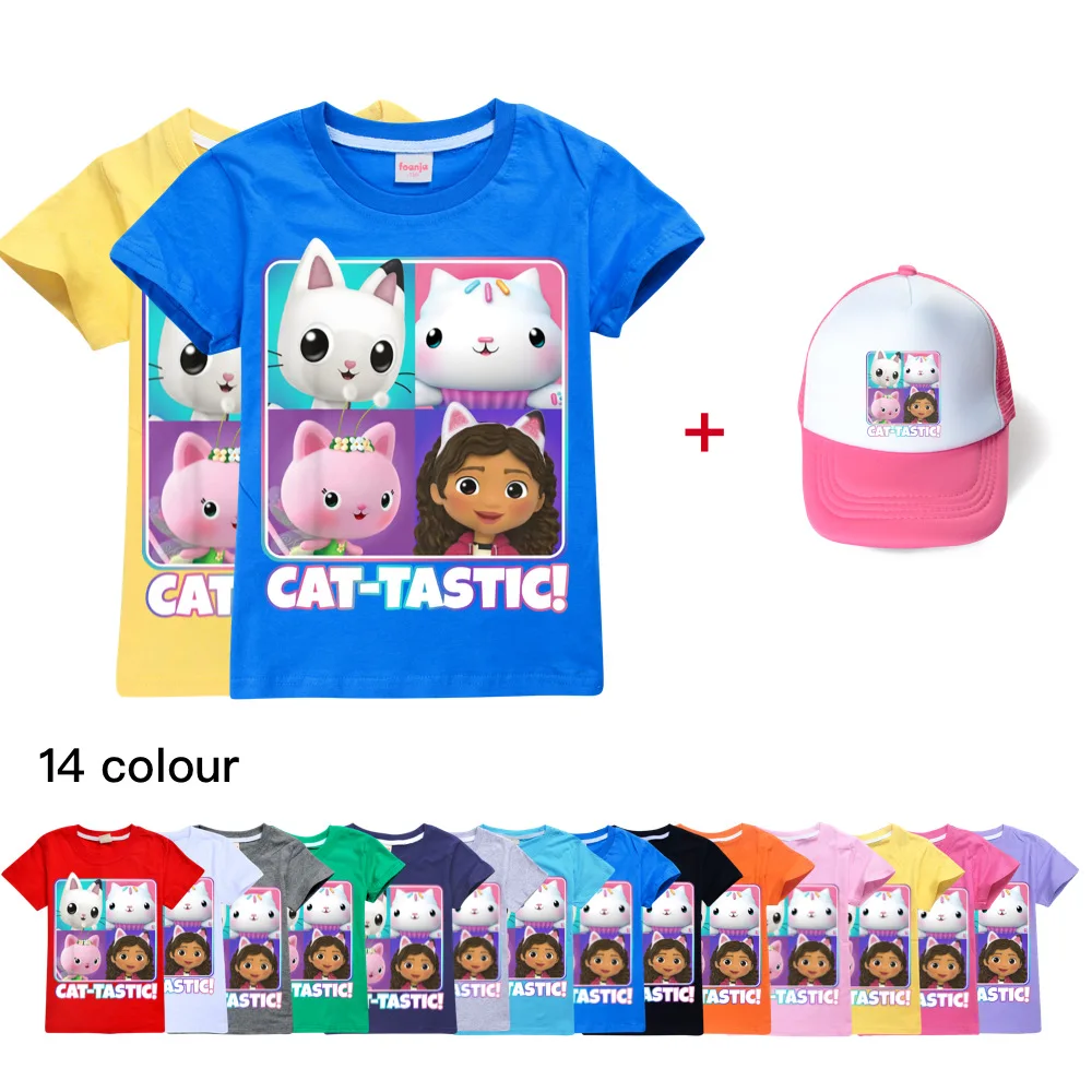 

2022 Summer Gabbys Dollhouse Clothes Kids Cotton T-shirt +Sunhat 2pcs Suit Baby Girls Casual Tshirt Boys Casual Short Sleeve Top