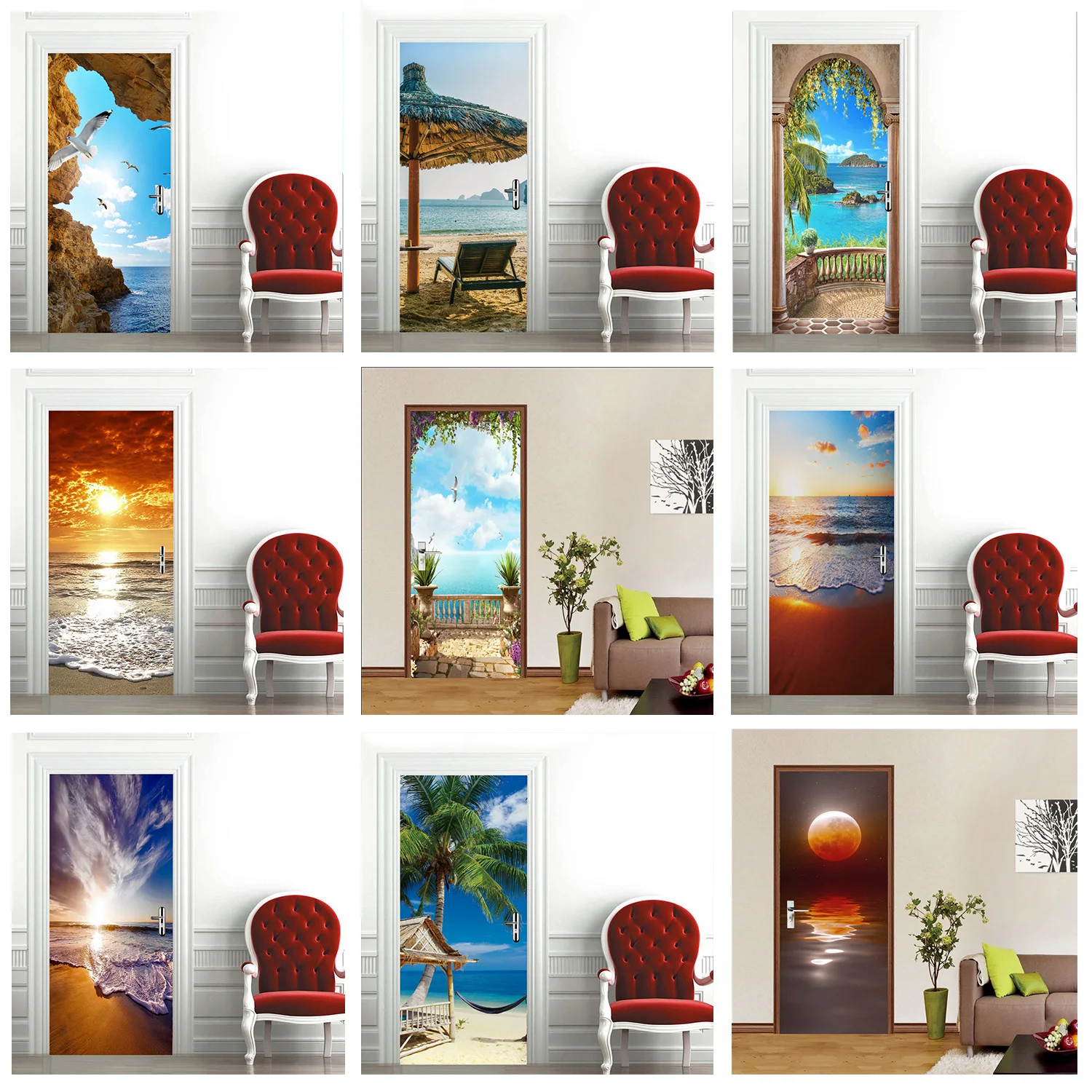 

3D Door Sticker Wallpaper Self-adhesive Seaside Landscape Beach Door Decal Mural for Bedroom Bathroom Vinyl Poster Home Decor
