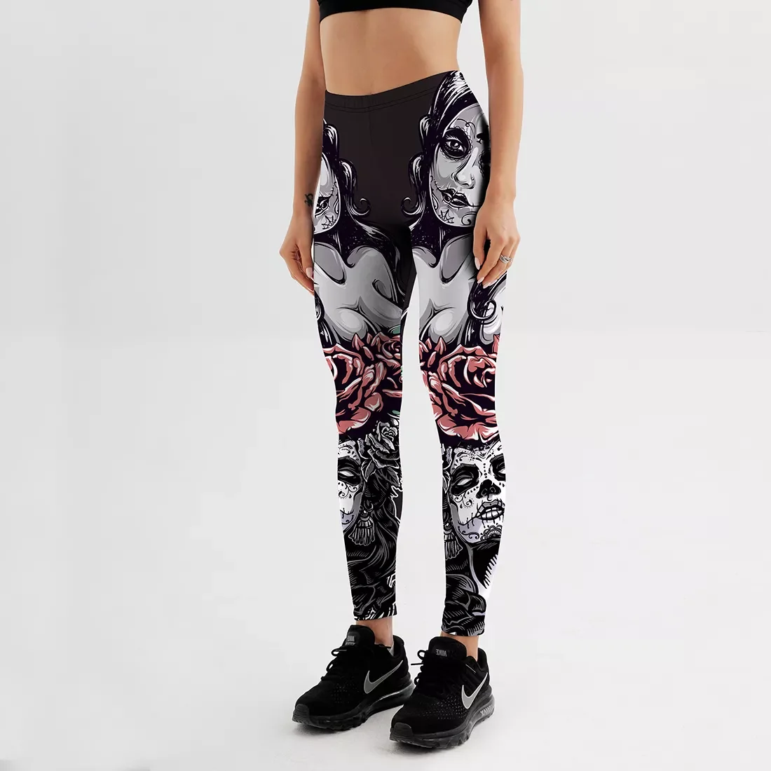 NEW 2023 New Arrival Women Leggings Sexy Girl With Roses Printed Leggings Gothic Fitness Workout Leggings Mid Waist Pants S-4XL