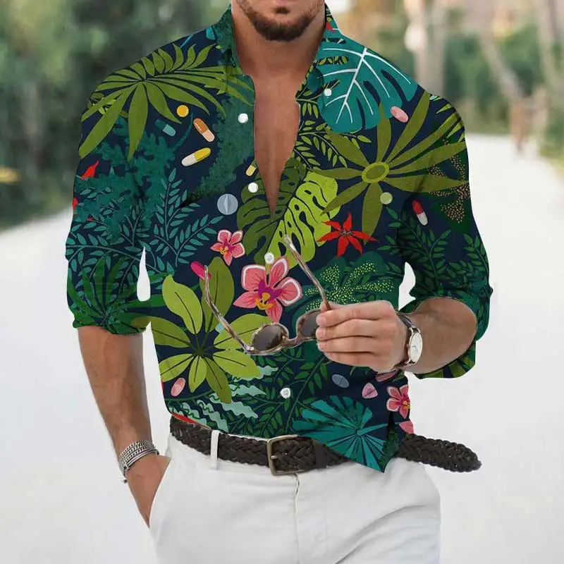 2022 Spring and Autumn New Men's Long-sleeved Shirt Casual Fashion Street Retro Floral Single-breasted Lapel Shirt
