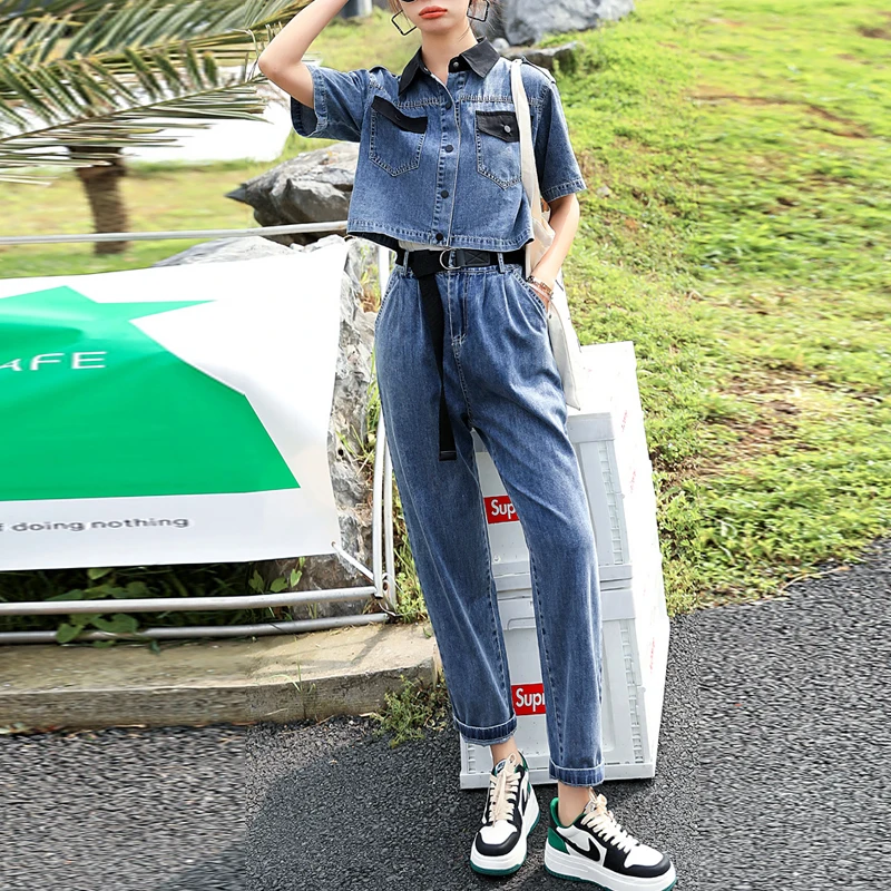 

Повседневный Джинсовый комплект из 2 предметов, летний женский короткий пиджак с коротким рукавом в Корейском стиле, облегающие свободные брюки-карго, одежда для улицы