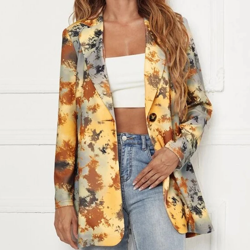 

Женский свободный Блейзер на одной пуговице, желтая уличная одежда с принтом, элегантное офисное пальто в американском английском стиле, осень 2022