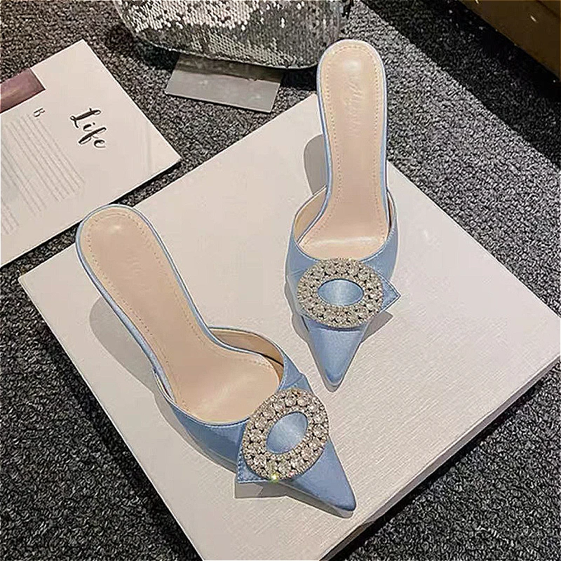 Женские шлепанцы на высоком каблуке с кристаллами пикантные сандалии острым