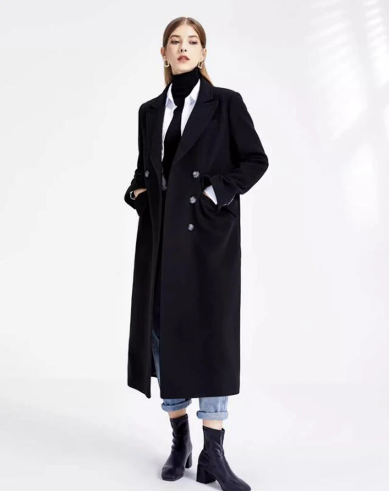 

Double breasted woolen coat 2023 new women's mid length Hepburn style autumn and winter cashmere suit woolen coat
