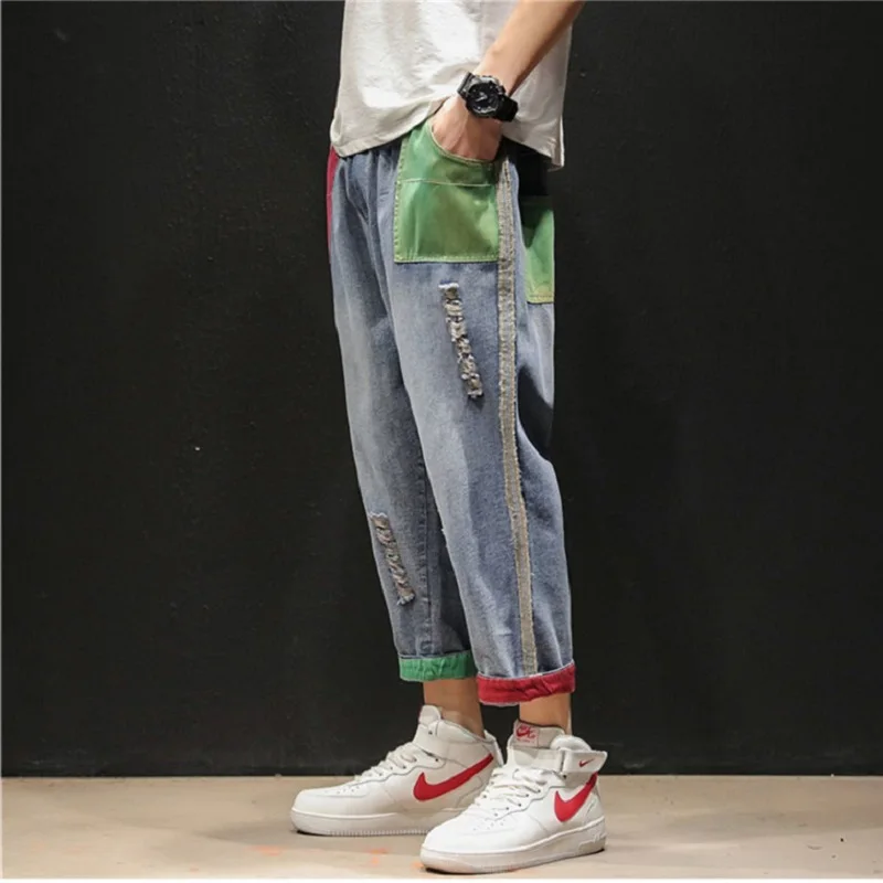 Mens fashion contrast color nine points thin plus size jeans spring and summer loose harem pants Korean version baggy jeans