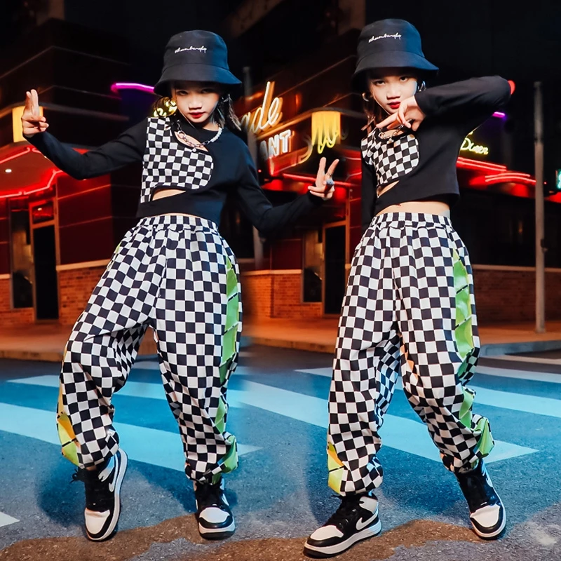 

Женская одежда в стиле хип-хоп, Подростковый свитшот, короткий топ, брикет, уличная одежда, клетчатые штаны для бега, Детский костюм для джаз...