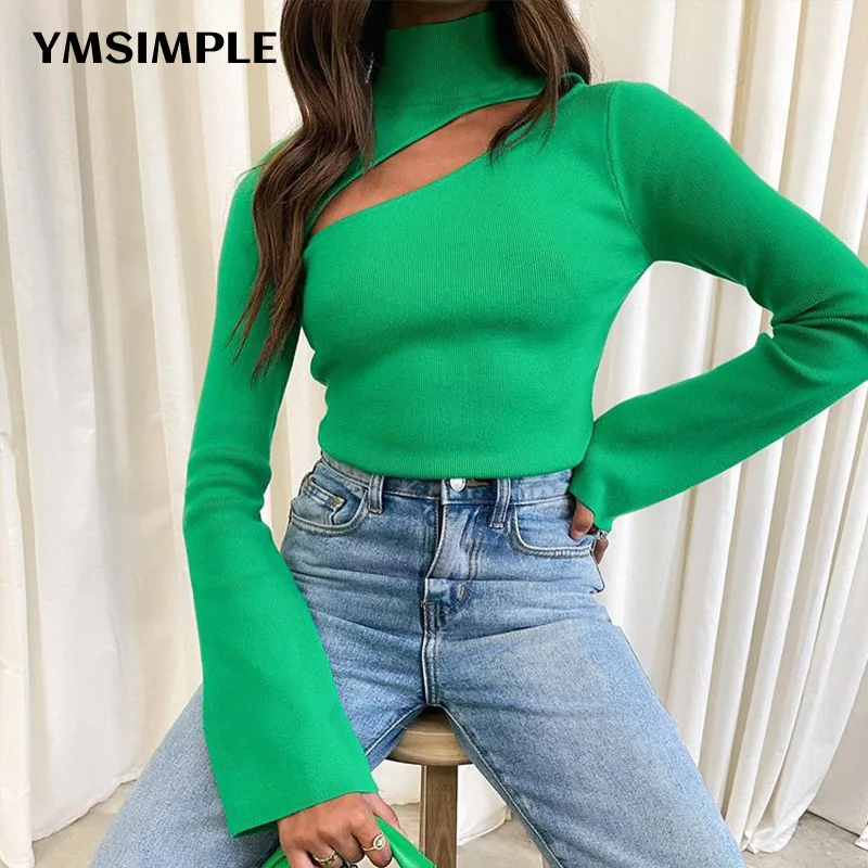 

Long Sleeve Turtleneck Hollow Out Pullover Top T-shirt Women Autumn Winter 2022 Streetwear Slim Knitted Flare Sleeve Sweater Y2K