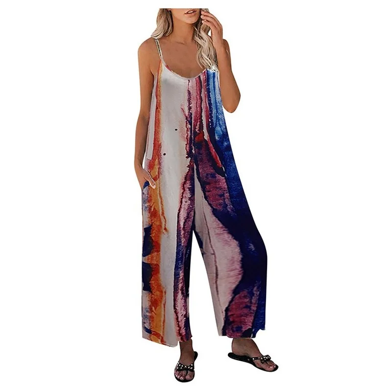 2023 Summer New Printed Sling Pocket Casual Wide-leg Jumpsuit Women Tie Dye Loose Bright Silk Sleeveless Romper One Piece Outfit