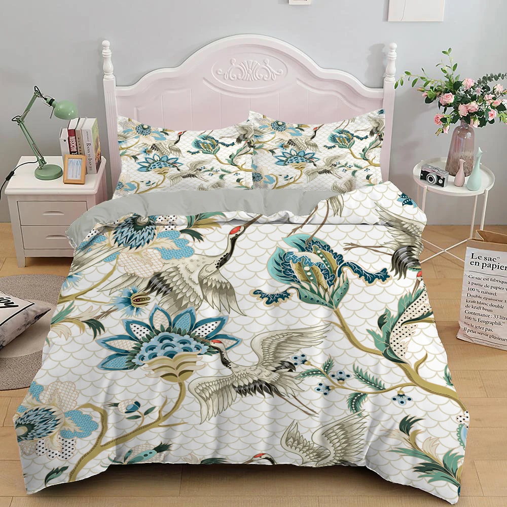 

Japanese Crane Bedding Set Chinese Style White Cartoon Flying Crane Duvet Cover King/Queen Size Flowers Polyester Quilt Cover